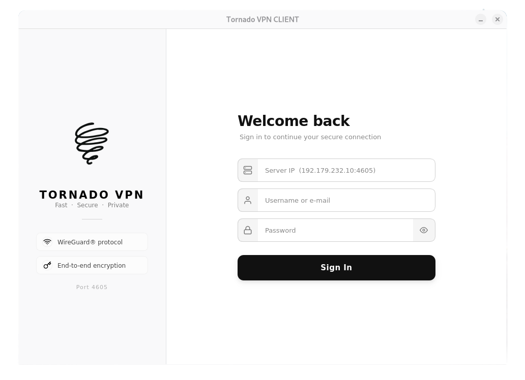 Tornado VPN client login screen