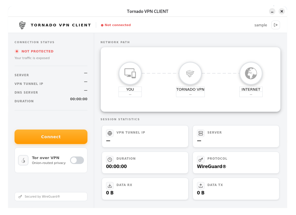 Tornado VPN client dashboard