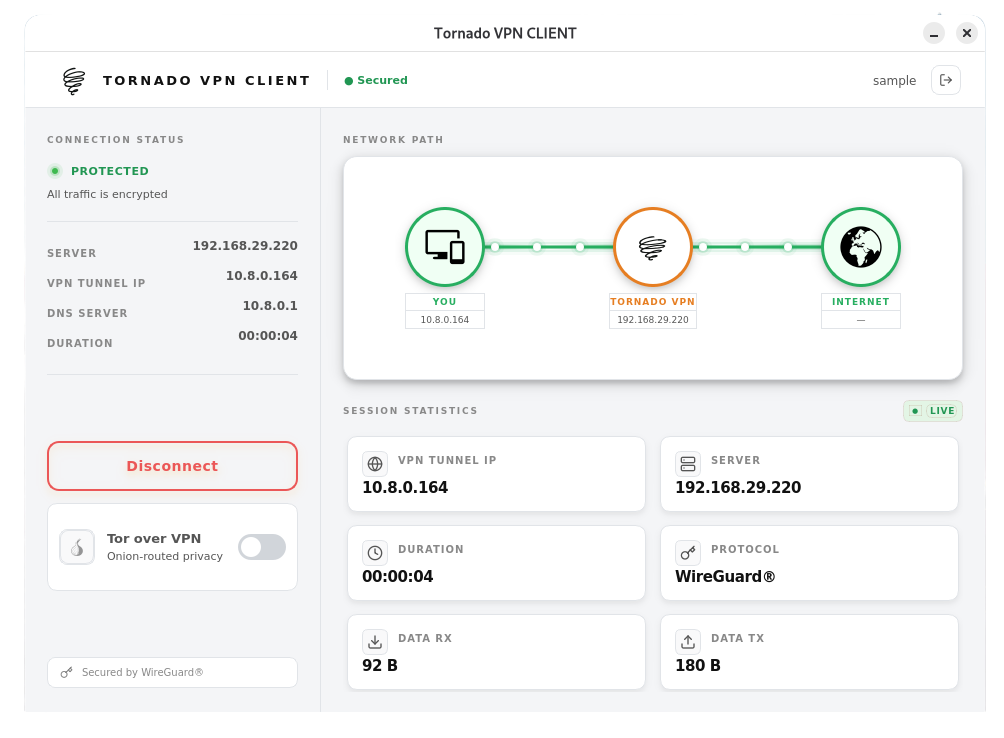 Tornado VPN client Tor mode
