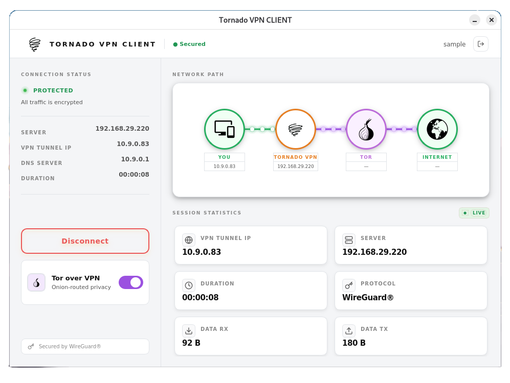 Tornado VPN client session metrics
